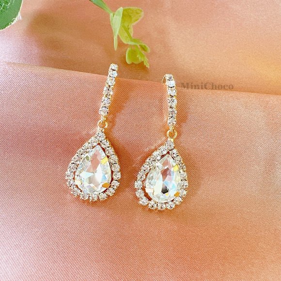 Gold Tone Rhinestones Half Hoop Water-Drop Earrings - Picture 2 of 6